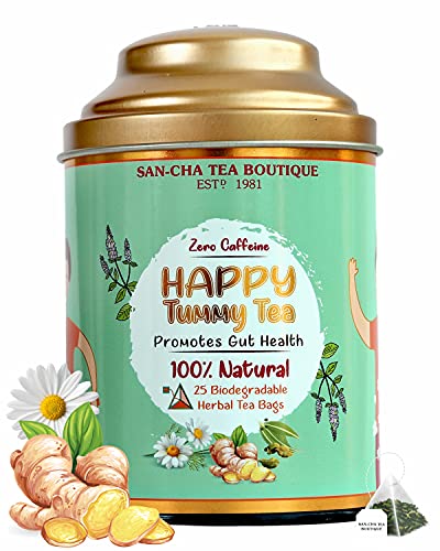Sancha Tea Boutique Happy Tummy Tea |Caffeine Free Tea (Pack of 25) | 100% Biodegradable Tea Bags | Pyramid Tea Bags | Herbal Tea | Digestive Tea |Tummy Tea Detox