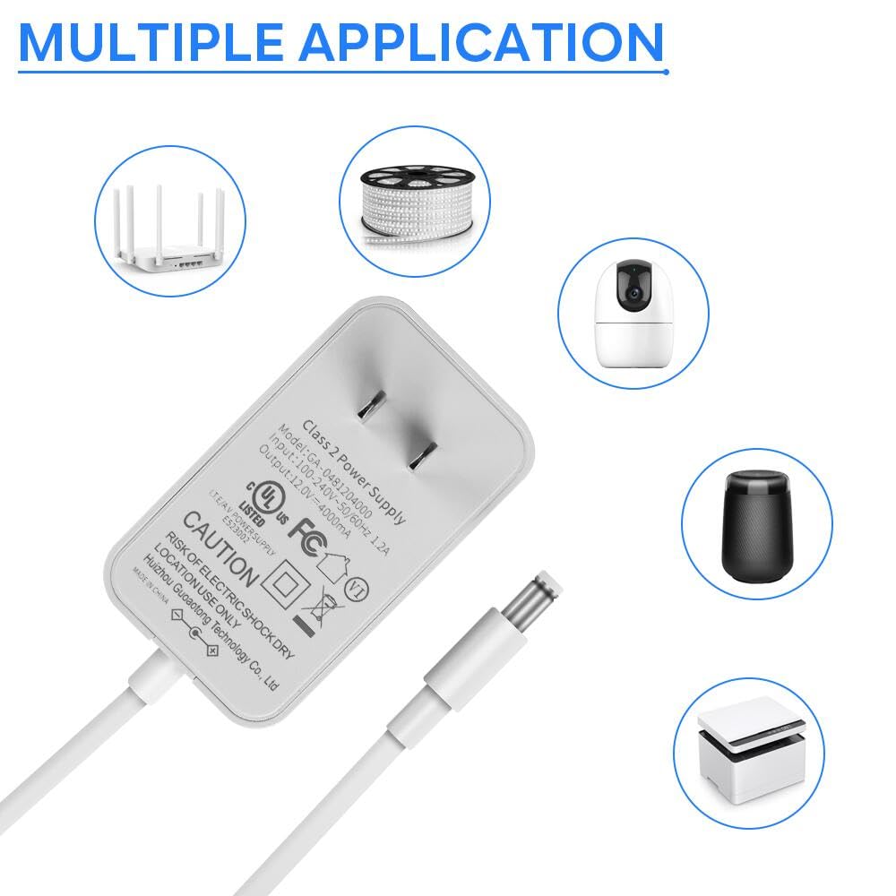 Alimentatore 12V 4A – C 100-240V 50/60Hz a DC 12 Volt 4Amp 48W Adattatore di alimentazione con cavo di alimentazione da 5,5 x 2,1 mm e jack 5,5 x 2,5 mm per elettronica domestica (bianco