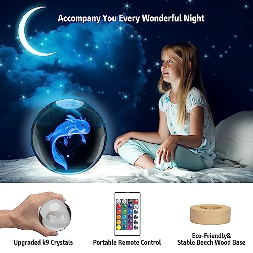 3D Axolotl Lamp, Animal Crystal Ball Night Light With 16 Color Led Wooden Base,3D Laser Engraving Holographic Crystal Ball Night Lamp, Upgraded 3.15 Inch For Birthday Gift,Home Decor (Axolotl 2.0) #TOP1