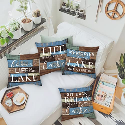 Sidhua Life Is Better At The Lake Themed Pillowcases Decorations For Home, Sit Back Relax You're At The Lake Quotes Throw Pillow Covers 18”X18” Set Of 4, Lake House Life Gifts, Housewarming Gifts #TOP1