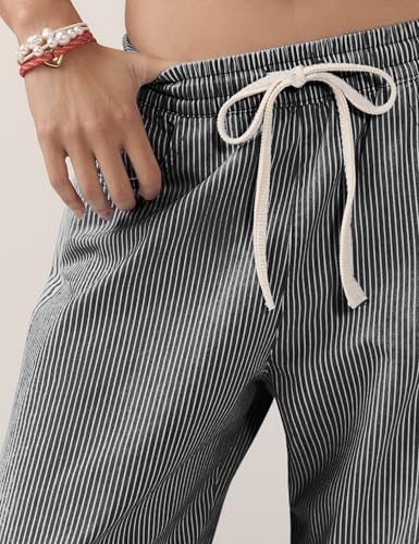 SCUSTY Women's Baggy Wide Leg Jeans Mid Rise Barrel Denim Ankle Pants Casual Striped Pull On Drawstring Trousers with Pockets(Black-M)2