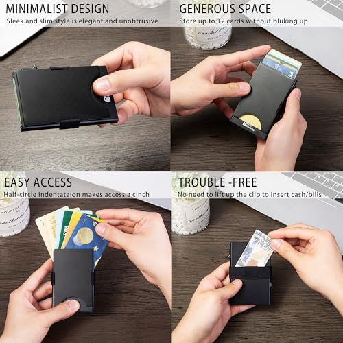 Image of Slim Card Holder Wallet for Men, Minimalist RFID Blocking Pop Up Wallet, Smart Metal Business Card Case Holds 12 Cards, Ultra-Thin Front Pocket Wallet, Gifts for Men