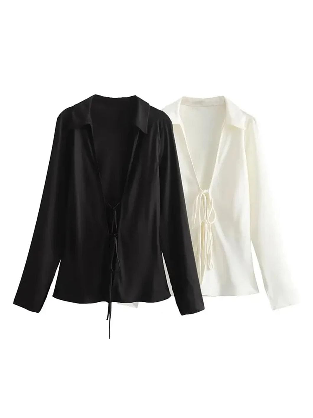 Blusas de satén con solapa para mujer, manga larga, lazo, con cordones, casual, ajustada, cuello en V, ropa de calle