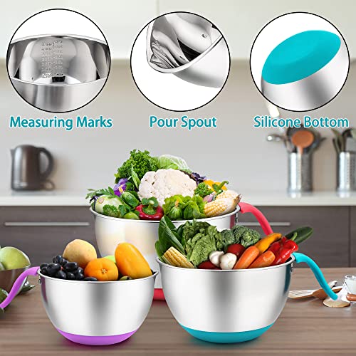 Lianyu Mixing Bowls With Lids Set Of 3, Stainless Steel Mixing Bowl With Graters And Long Handle, Metal Mixing Bowls For Kitchen Food Preparing, Size 5/3/1.5 Qt, Non-Slip Silicone Bottom, Colorful #TOP3