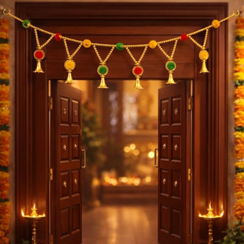 Image of Rajasthan Kraft Handmade Beads & Pom Pom Door Toran - 40 Inch in Size, for Festive & Housewarming Decor (T0014)