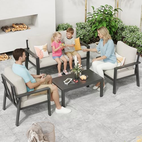 Image of 4-Piece Aluminum Outdoor Patio Furniture Sets All-Weather Patio Conversation Set Sectional Sofa with Coffee Table & Cushions with Removable Covers for for Deck Backyard Garden Poolside Balcony Porch