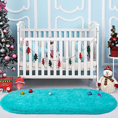 Yj.gwl Oval Bedside Rugs For Bedroom, Fluffy Turquoise Rugs For Living Room, Aesthetic Dorm Apartment Rug Decor, Nursery Kids Room Fuzzy Cute Carpet, 2.6' X 5.3' Turquoise Blue #TOP1