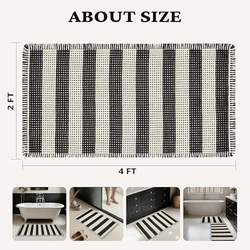 MatEssenz 2x4ft Waffle Bath Mat, Water Absorbing Bath Mat Nonslip Fast Drying Soft Foot Feeling Long Bathroom Rug for Bathroom, Machine Washable Runner Rug withTassels, Black and White Stripes by MatEssenz - Used condition - Image 8