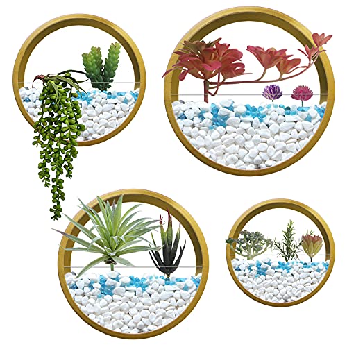 Vevlu Set Of 4 Hanging Planter, Metal Round Black Wall Planter With 10 Artificial Succulents, Wall Hanging Planter For Herb, Small Cactus Perfect For Porch, Balcony Indoor Outdoor (Gold) #TOP9