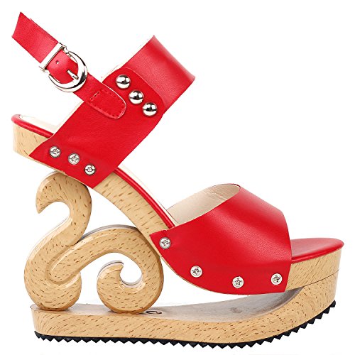 SHOW STORY Red Slingback Open Toe Stud Wooden Wedges Platform Clogs Sandals,LF30831RD39,8US,Red