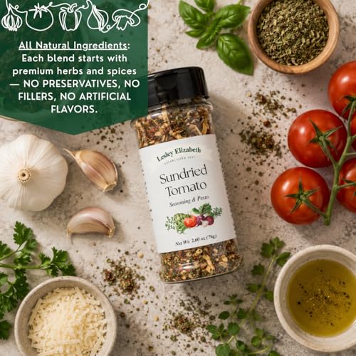 Image of Lesley Elizabeth Sundried Tomato Seasoning & Pesto - Gourmet Italian Herb & Tomato Blend for Pasta, Chicken, Vegetables & Sandwiches | All-Purpose Cooking & Grill Seasoning