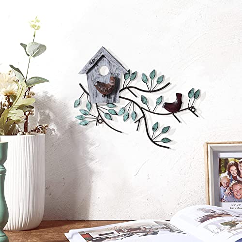 Ahuonel Metal Wall Art Decor Metal Outdoor Wall Decor Tree Leaf Metal Wall Art Sculptures With Wood Birdhouse, Hanging Decorations For Indoor Outdoor Garden Yard Fence Park Home Accent (Grey) #TOP3