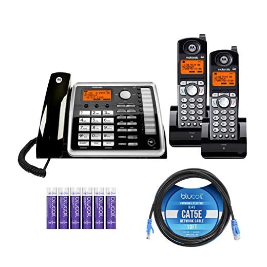 Motorola ML25260 Expandable Corded 2-Line Business Phone with Full Duplex Speakerphone Bundle with 2-Pack of ML25055 2-Line DECT 6.0 Cordless Handsets, Blucoil 10' Cat5e Cable, and 6 AAA Batteries