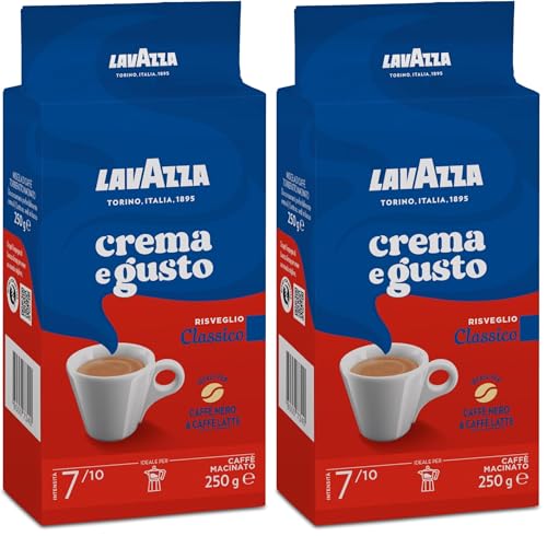 Lavazza, Crema e Gusto Classico, Café Molido Natural, Ideal para Cafetera Italiana, de Filtro y Francesa, con Notas Aromáticas de Especias, Arábica y Robusta, Intensidad 7, Tueste Oscuro, 250 g
