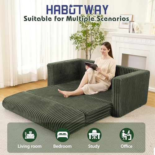 Image of HABUTWAY 49.8 inch Loveseat Boneless Couch, 4-in-1 Convertible Sofa Bed, Plush Fur Folding Futon Sofa Bed Couches Without Pillow for Living Room, High-Density Foam Support, No Assembly Required, Green