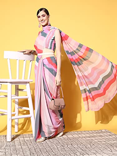 Image of AKHILAM Women's Striped Georgette Digital Print Saree With Unstitched Blouse Piece (10STRP1001 Parent)