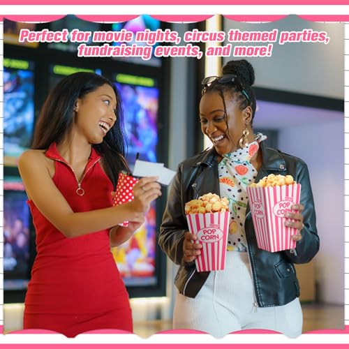 Image of Xinnun 100 Pcs Popcorn Boxes 32 oz Classic Stripe Paper Popcorn Buckets Bulk Disposable Oil Proof Container Vintage Retro Open Top Holders for Movie Night Supply Theater Carnival Party(Pink)