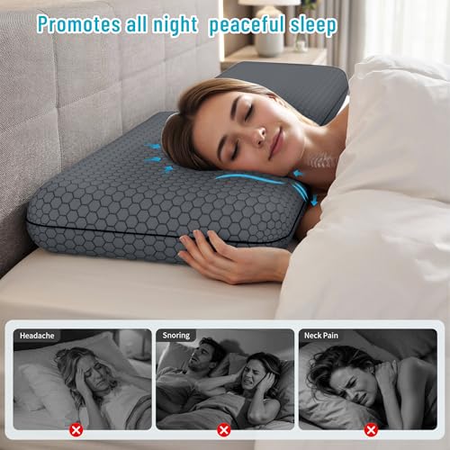 Image of CushyOasis Memory Foam Pillows for Side, Back and Stomach Sleepers, Set of 2, Bed Pillow with Washable Cover and Breathable Mesh, Bed Pillow for Sleeping (Dark Grey,King Size)