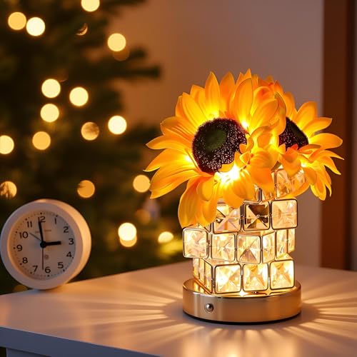 Cordless Sun Flower Lamp Adjustable Touch Crystal Night Light with Artificial Rose Flower Rechargeable LED Flowers with Vase Lamp Romantic Festival Christmas Halloween Decor for Bedside Nightstand