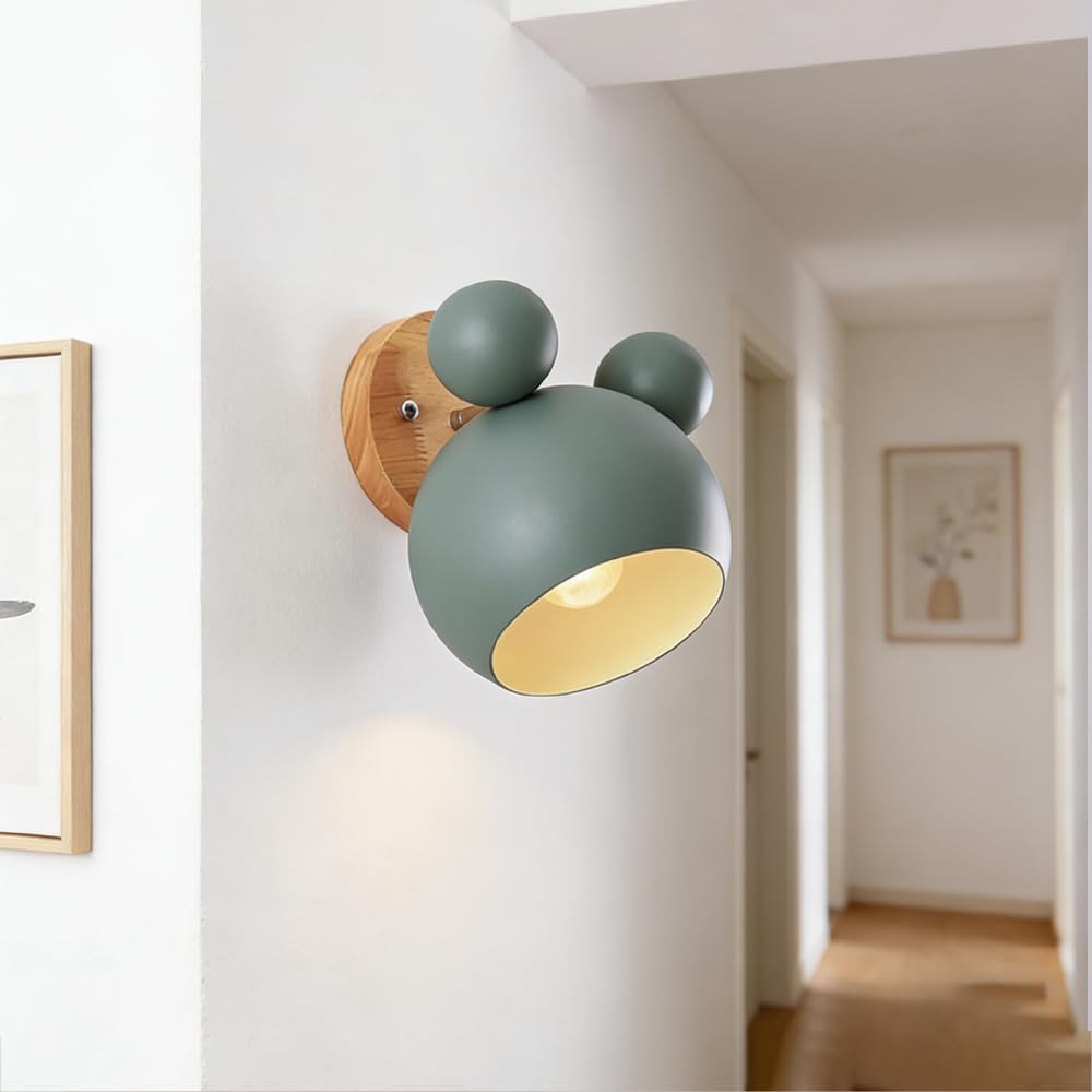 XINYASEE Cute Mickey Mouse Wall Lamp - Cartoon lamp with Wooden Base, Decorative Wall lamp for Living Room, Suitable for Children's Room, Bedroom, and Nursery. (Green)