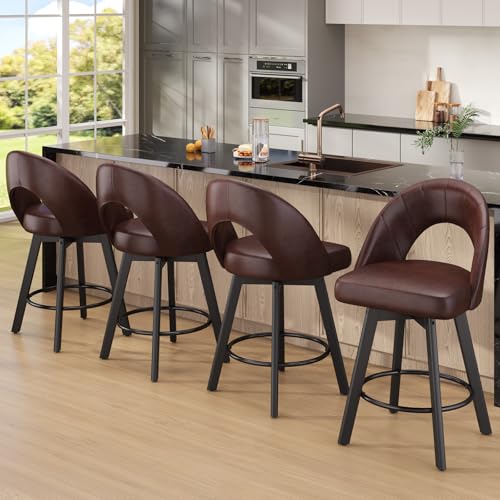 Image of YaFiti 24 inch Counter Height Bar Stools Set of 2, Modern Swivel Bar Stools with Ergonomic Curved Back, Faux Leather Seat & Solid Wood Legs, Saddle Brown