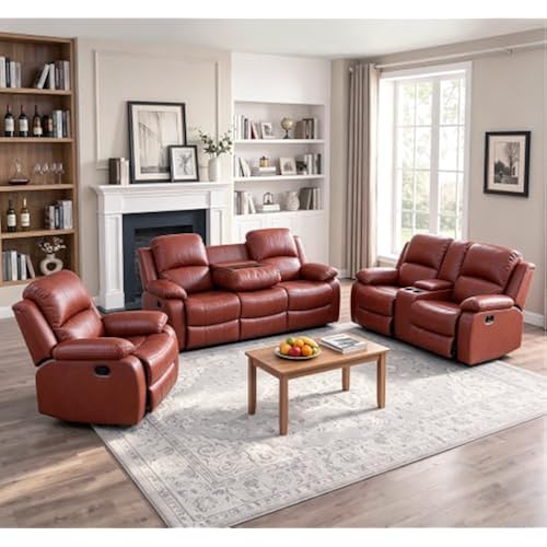 Leather Recliner Sofa Set，Leather Reclining Couch for Living Room Furniture Sets，Red Recliner Couch with 5 Recliners for Living Room/Office/Theater Seating(Sofa Set 3 Pieces)