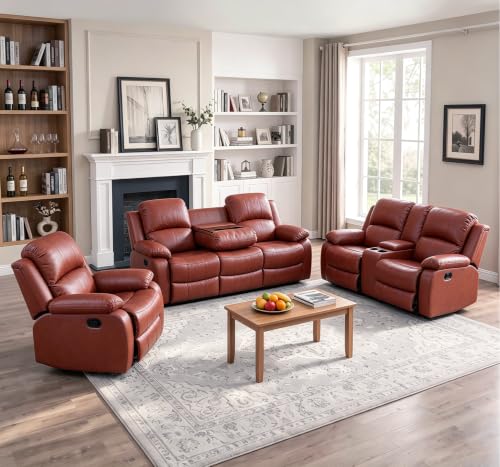 Caberryne Leather Recliner Sofa Set,Leather Reclining Couch for Living Room Furniture Sets,Red Recliner Couch with 5 Recliners for Living Room/Office/Theater Seating(Sofa Set 3 Pieces)