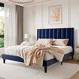 SHA CERLIN Queen Bed Frame/Velvet Upholstered Platform Bed Frame with Headboard/Strong Wood Slats Support/Mattress Foundation/No Box Spring Needed - Dark Blue