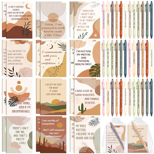 Image of Mooliwe 48 Pcs Positive Affirmation Gift Set Gratitude Notebooks with Pens Small Bags Motivational Encouragement Notepads Daily Affirmations Journal for Women Stress Relief Self Care (Rustic)