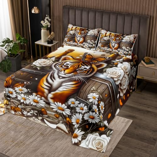 Erosebridal Cute Tiger Bedspread Set Queen,Wildlife Animal Quilt Set for Kids Boys Girls,Roses Wooden Barrel Coverlet Set Rustic Flowers Bedding Set 2 Pillow Cases