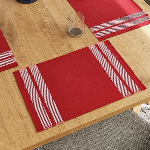 Encasa Homes Dining Placemats (Set of 6 pcs) Made from Fine Ribbed Cotton - Perfect Size 46x32 cm, Smart Modern Colours & Designs, Use at Home, Cafes, Restaurants & Hotels - Ladder Red