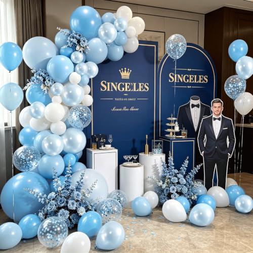 Image of Blocesa Pearl Blue and White Balloons Arch Kit Double Stuffed, Party Decor. | Baby /Light Pearl Blue White Confetti Blue Balloons Latex for Boy Baby Showers Gender Reveals Weddings Birthdays Decoration.