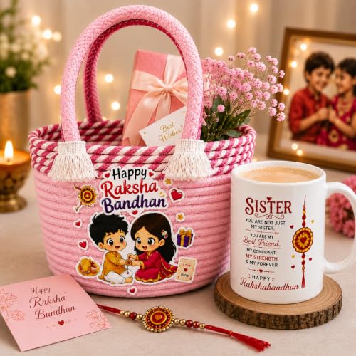 Image of Rakhi Gift Hamper for Sister | Rakhi Bag (Random Color) with Printed Ceramic Coffee Mug | Raksha Bandhan Festive Combo | Designer Hamper | Coffee Mug Set