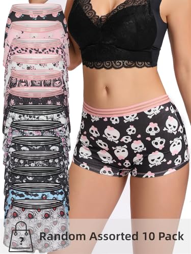 Morvia 10 Pack Variety of Gothic Print Boyshorts Underwear, High Waist Elastic Band, Assorted Halloween Skull Spooky Patterns - image 2