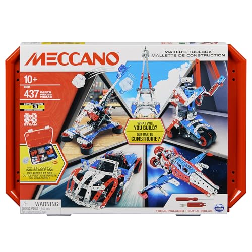 Bandai - Meccano Mallette de Construction - Coffret de Construction 5 en 1 Véhicules, Robot, Tour Eiffel - 437 pièces, Outils, Notice - Kit Activité Assemblage -...