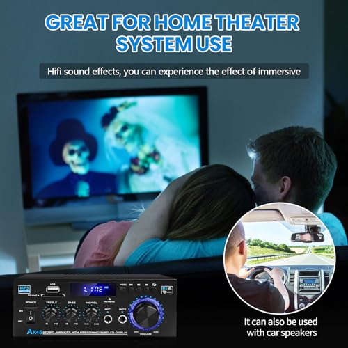 Image of AK45 Bluetooth 5.0 Power Amplifier 2.0CH 40W x 2 Output Max 400W Subwoofer Hi-Fi Audio Amplifier Stereo Amp Receiver for Home Theater and Car Speaker W /Mic USB FM Radio