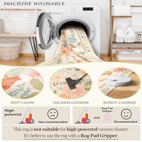 Floral 6ft Area Rug Machine Washable Soft Print Boho Carpet Non Slip Doormat Low Pile Flower Area Rugs for Living Room Bedroom Nursery Kitchen Dining Room Indoor-Beige/White/Orange