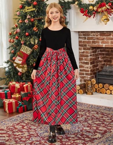 Image of KYMIDY Girl Maxi Dress Kids Casual Buffalo Check Plaid Long Sleeve Dresses with Pockets(6-14yrs)