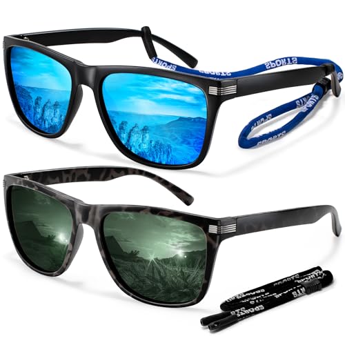 Madison Avenue 2 Pack Square Sports Polarized Sunglasses for Men UV Protection with Eyeglasses Straps, Mens Retro Sun Shades