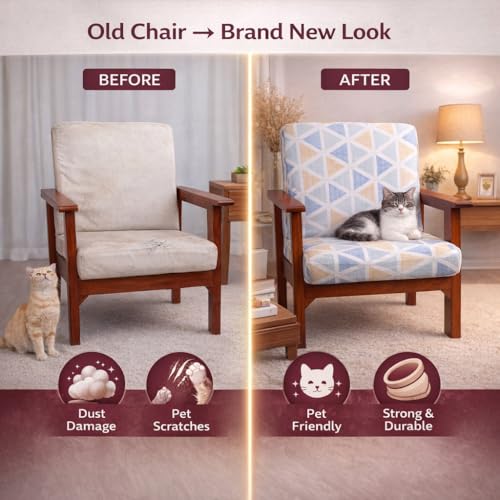 Image of STITCHNEST 'Contour Fit Series' Stretchable Printed Wooden Sofa Cover (Pack of 4) - Elastic Wooden Chair Cover | Wooden Sofa Seat Cover | Size - 20-21 x 20-21 x 3-5 in