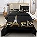 Raphus cucullatus Paris Queen Size Comforter Set, Eiffel Tower Bedding, Black and Gold Comforter, Paris Decor for Bedroom