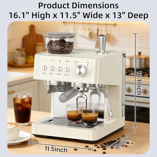 Image of (2026 Upgrade) 15 Bar Espresso Machine with Built-in Anti-Clog Coffee Grinder, Expresso Coffee Machines with Milk Steam Wand /Frother /Tamping Tools,Espresso Maker with Grinder for Lattes-Almond