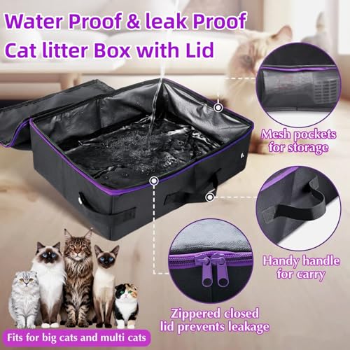 Image of 20x14x6.5 Inches, Large Portable Cat Travel Litter Box with Zipped Lid & 10 Liners, Leak-Proof, Lightweight, Sturdy & Waterproof and Foldable Travel Cat Litter Box for Hotels, Car, & Camping