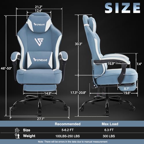Image of Vonesse Gaming Chair, Computer Chair Fabric with Pocket Spring Cushion, Office Chair with Footrest and Massage Lumbar Support, Reclining Gaming Chairs for Adults 250LBS (Blue)