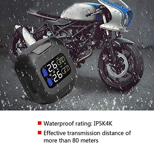EBTOOLS Motorcycle Wireless TPMS display unit mounted on a motorcycle handlebar in rainy conditions, demonstrating its waterproof capability.