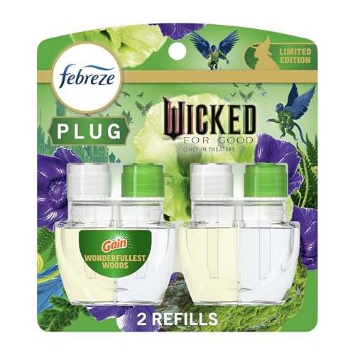 Febreze Plug In Air Freshener, "Wicked: For Good" Limited Edition Odor-Fighting Scented Oil Refill, Air Fresheners for Home and Bathroom and Kitchen, Long Lasting, Wonderfullest Woods, 2 Count - image 1