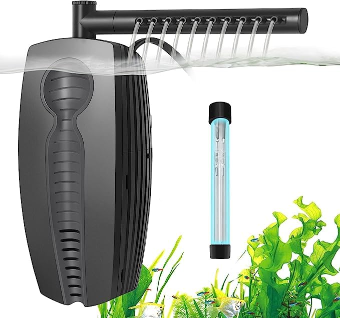 165GPH Aquarium U-V Filter 8W Adjustable Fish Tank Filter Pump Submersible Internal Filter for 10-50 Gallon Tank, with Biochemical Cotton, Activated Carbon Cotton, Ceramic Balls