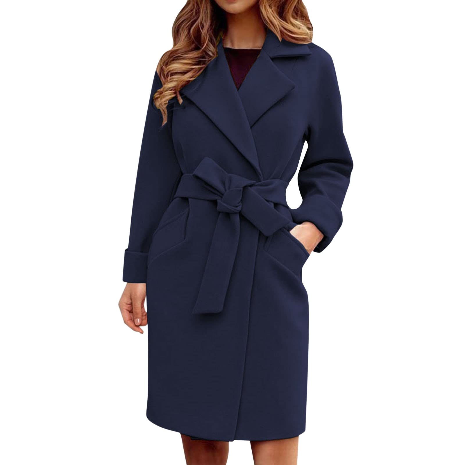 Trench épais pour femme avec col à revers ouvert sur le devant, élégant couleur unie, manteau d'extérieur pour femme, manteau polaire en laine avec poches de ceinture
