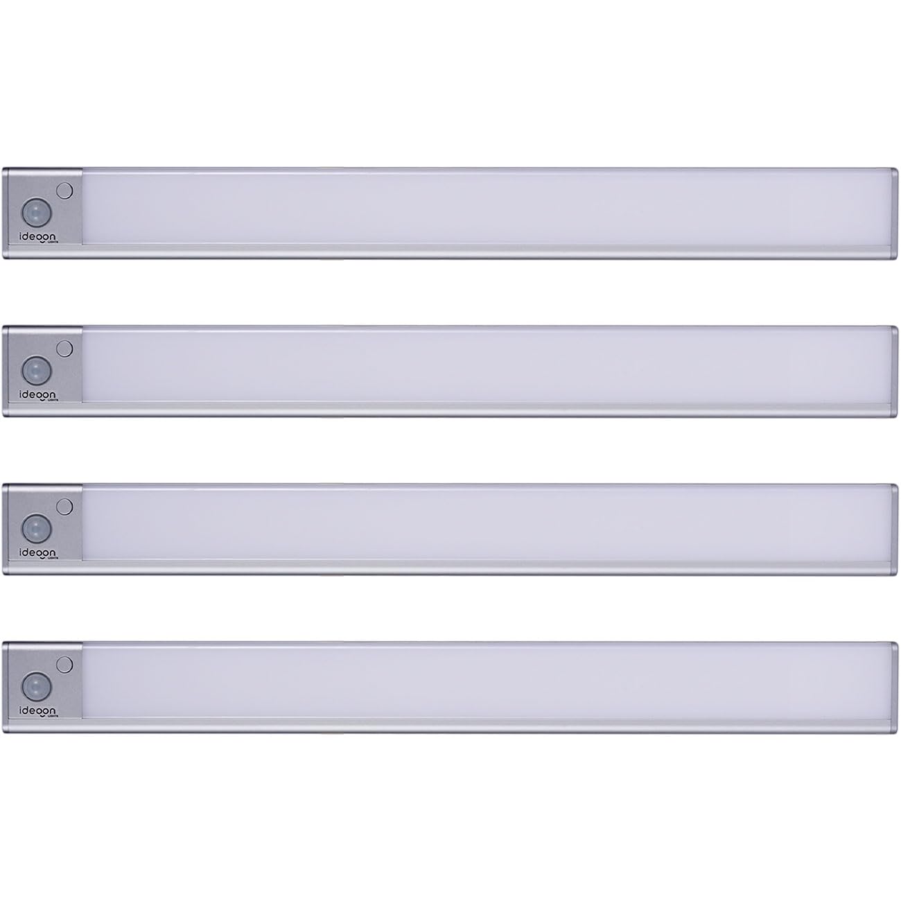 ideoon 4er-Set Flache Akku LED-Lichtleiste, 40cm mit Bewegungssensor, 120 LEDs: Kabellos, hell & energiesparend – Perfekt für Schrank, Flur & Küche