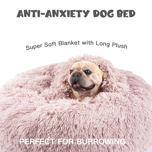 Image of Himax Covered Medium Dog Bed with Blanket Attached Calming Burrow Beige | 20in Small Cat & Dog Bed, Anti-Anxiety Donut dog bed with cover, Washable Round Fluffy Pet Bed for Indoor